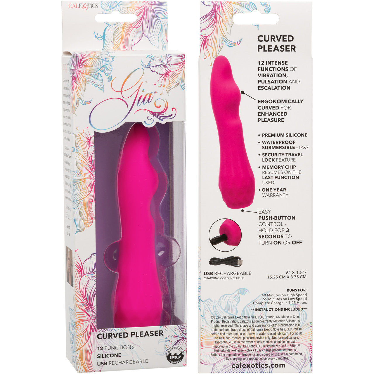 Gia Curved Pleaser Rechargeable Waterproof Silicone G-Spot Vibrator By CalExotics - Pink