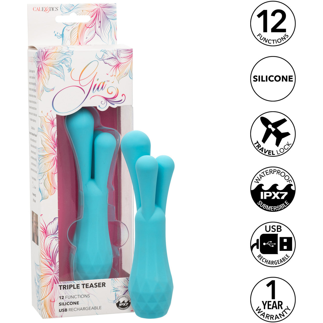 Gia Triple Teaser Rechargeable Waterproof Silicone Vibrator By CalExotics - Blue