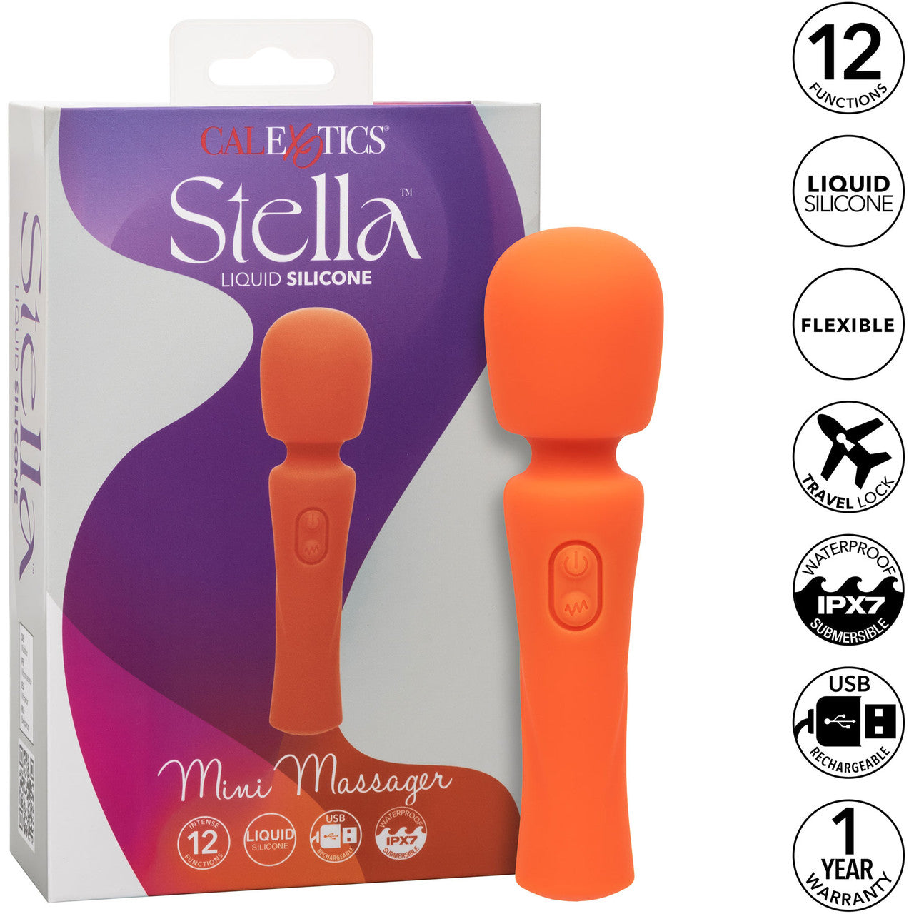 Stella Liquid Silicone Mini Massager Rechargeable Waterproof Wand Style Vibrator By CalExotics - Orange