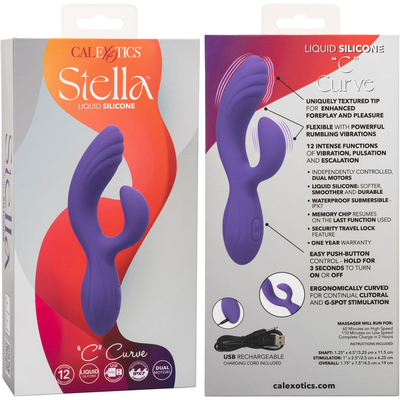 Stella Liquid Silicone "C" Curve Rechargeable Waterproof Dual Stimulation G-Spot Vibrator - Purple