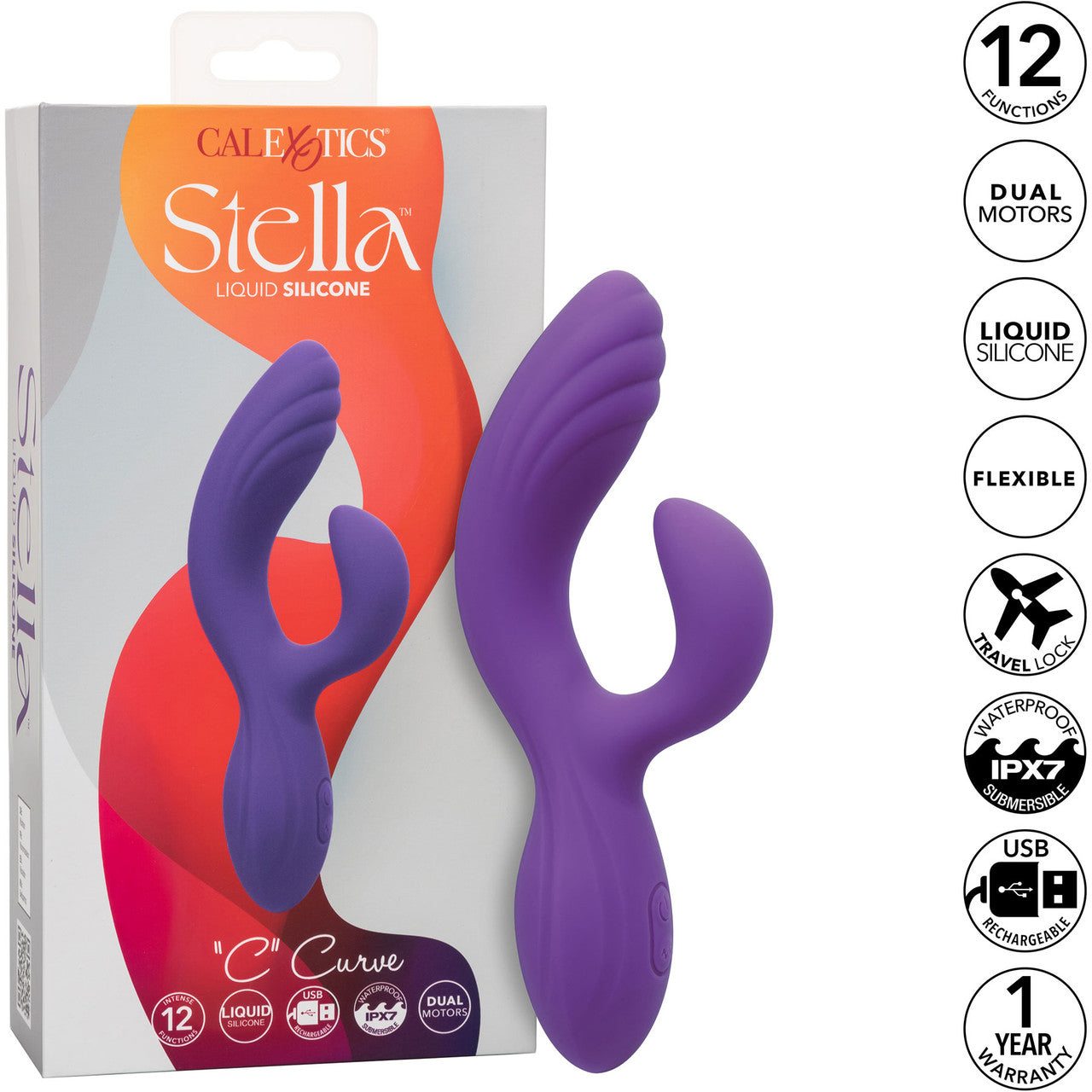 Stella Liquid Silicone "C" Curve Rechargeable Waterproof Dual Stimulation G-Spot Vibrator - Purple