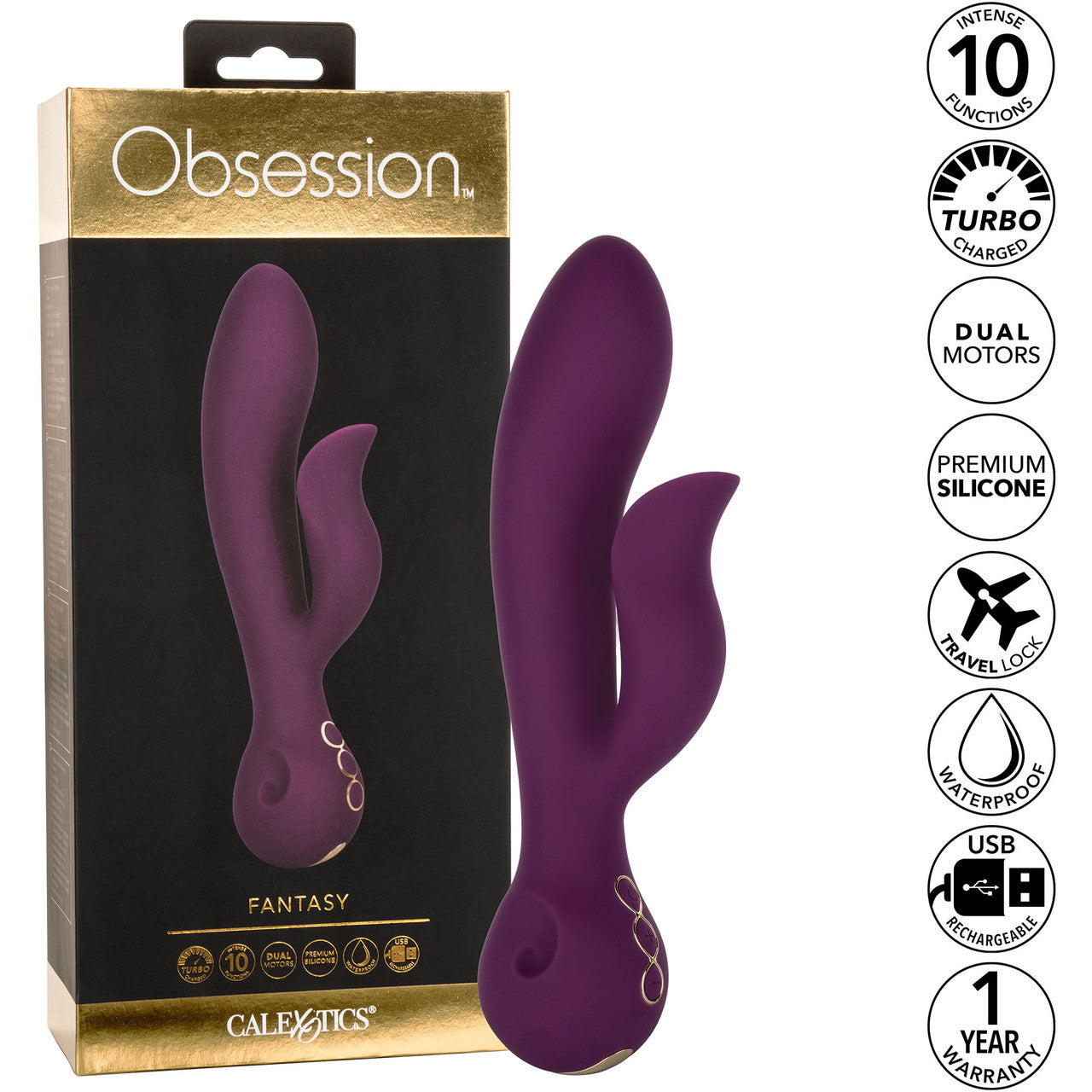 Obsession Fantasy Rechargeable Waterproof Silicone Rabbit Vibrator By CalExotics - Purple