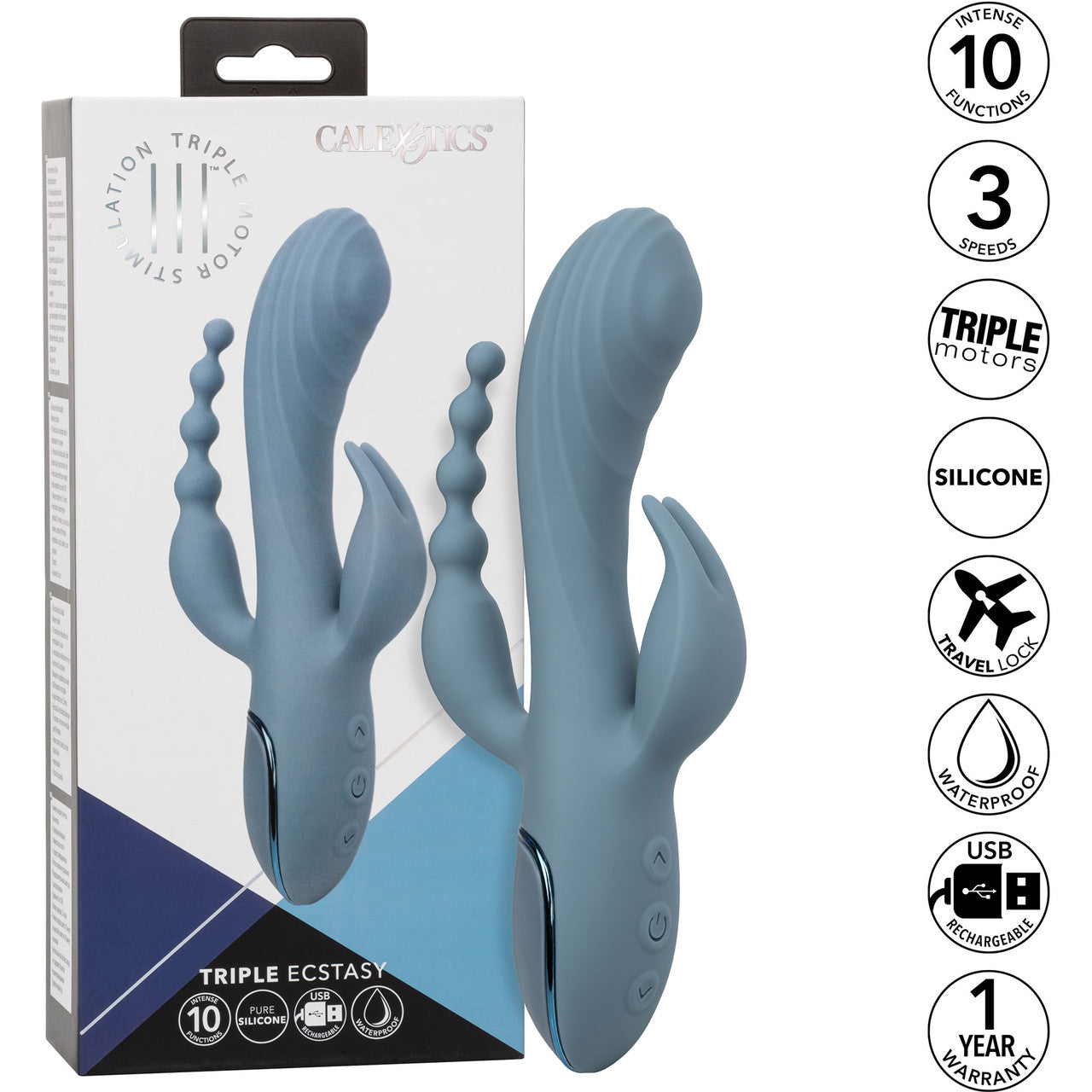 III Triple Ecstasy Silicone Pulsating Rechargeable Triple Stimulation Vibrator By CalExotics - Blue