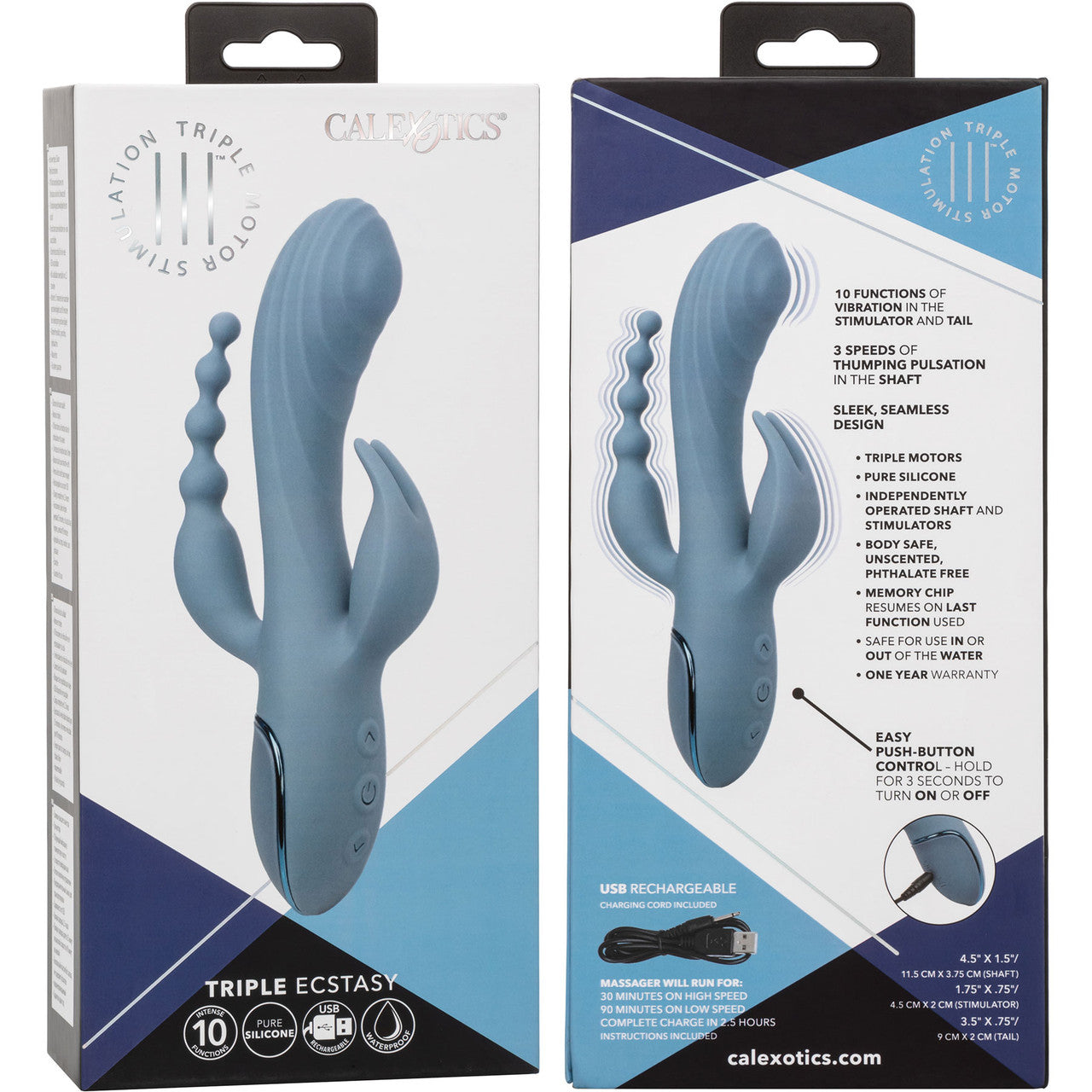 III Triple Ecstasy Silicone Pulsating Rechargeable Triple Stimulation Vibrator By CalExotics - Blue