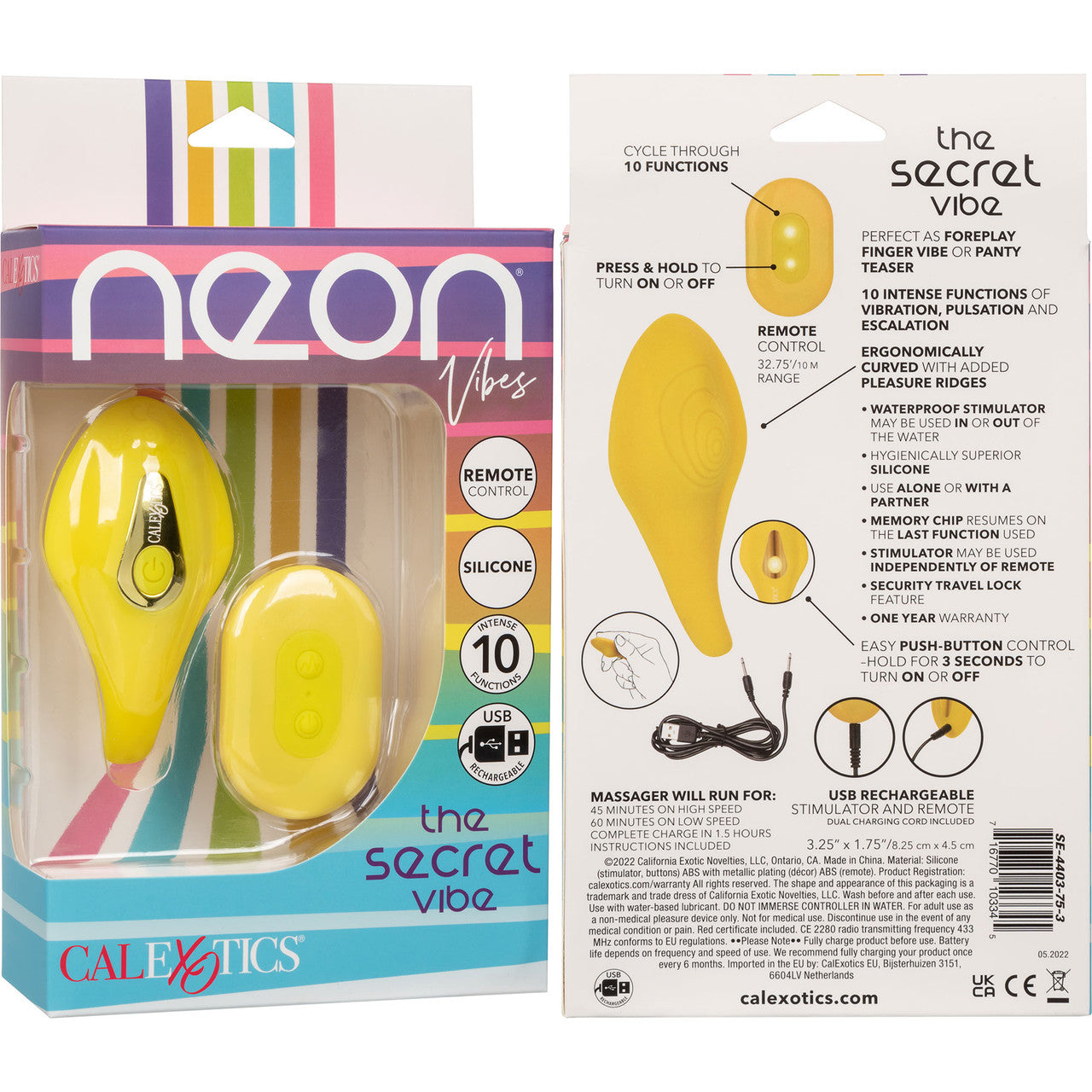 Neon Vibes - The Secret Vibe Rechargeable Silicone Lay On Vibrator With Remote By CalExotics - Yellow