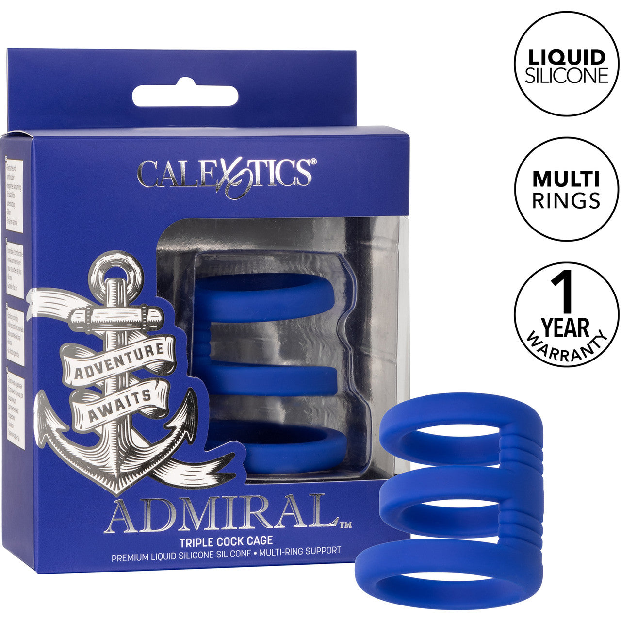 Admiral Triple Silicone Cock Cage & Ring By CalExotics - Blue