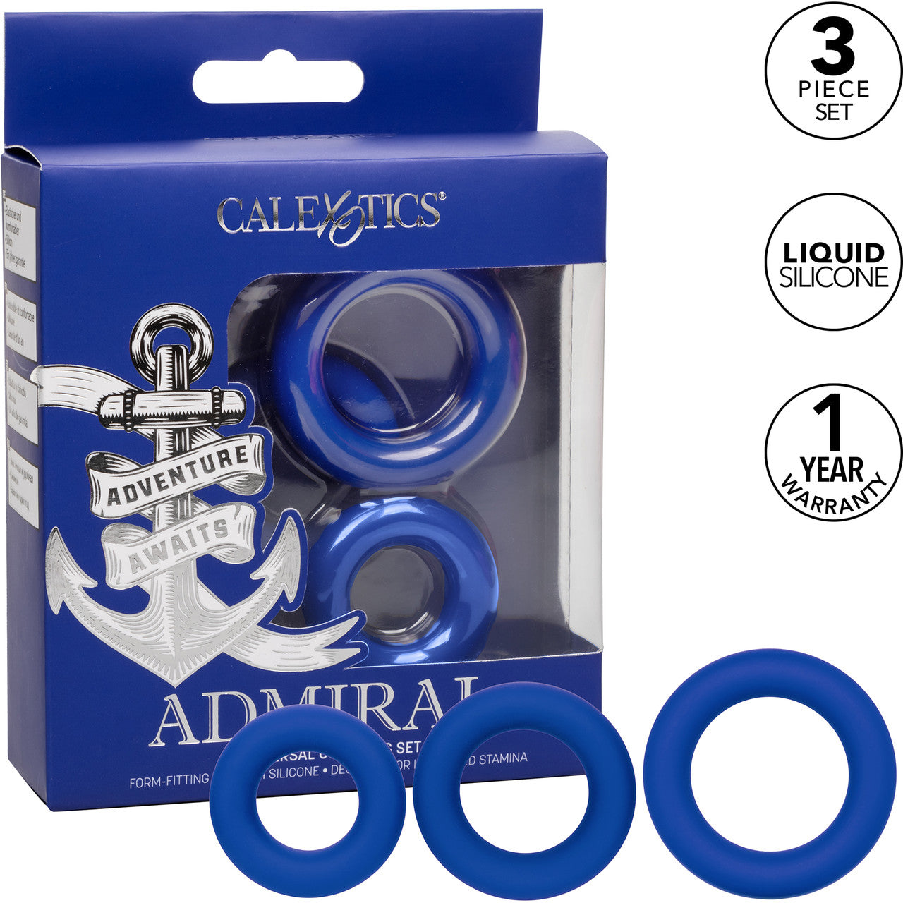 Admiral Universal Silicone 3-Piece Cock Ring Set By CalExotics - Blue