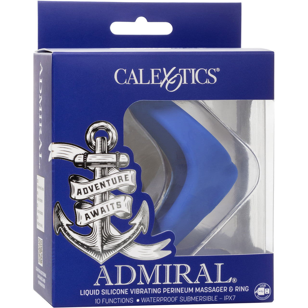 Admiral Liquid Silicone Rechargeable Waterproof Vibrating Perineum Massager & Cock Ring By CalExotics - Blue