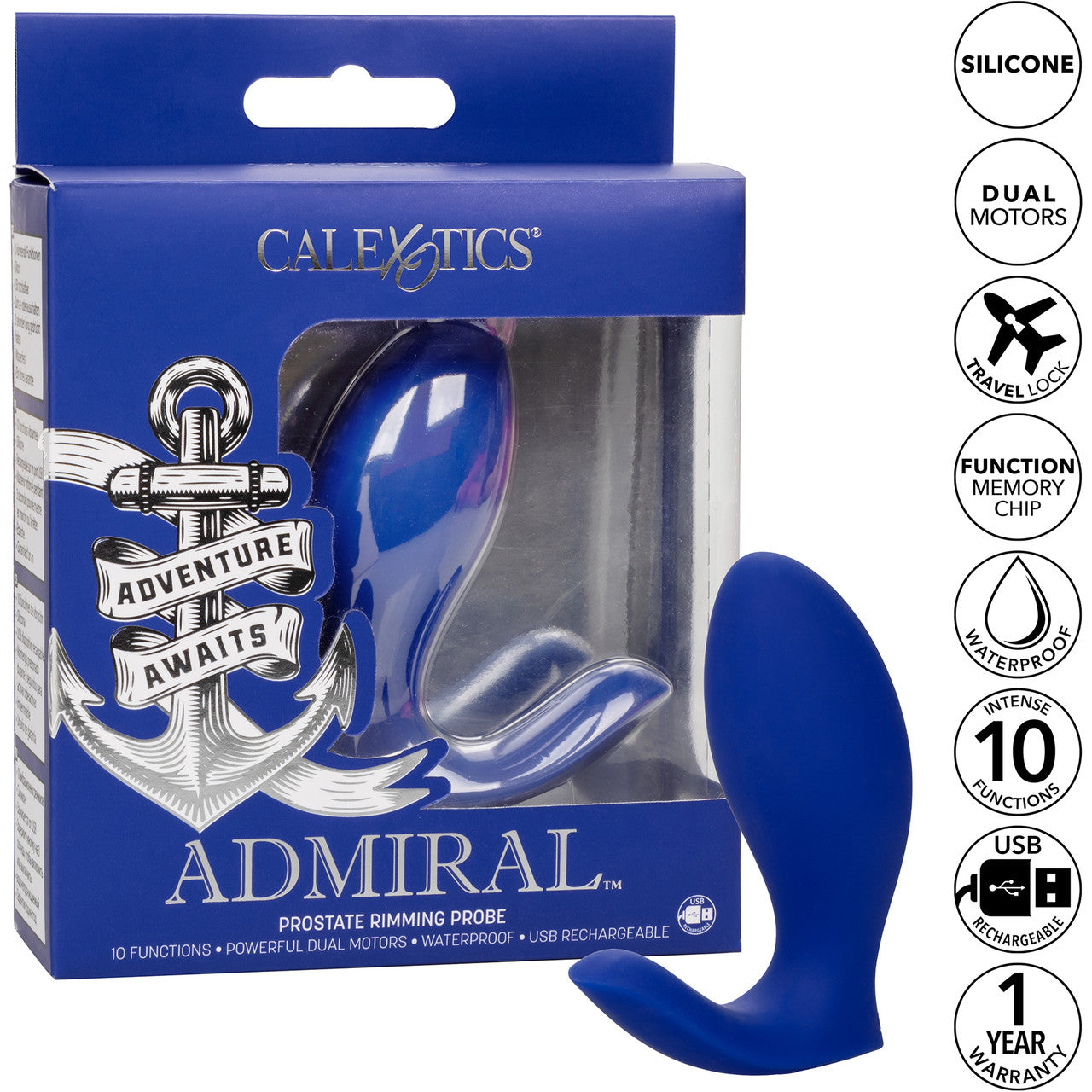 Admiral Prostate Rimming Rechargeable Vibrating Silicone Probe by CalExotics - Blue