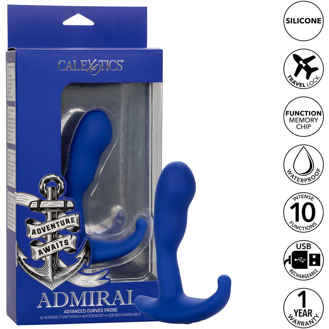 Admiral Advanced Prostate Rechargeable Vibrating Silicone Curved Probe By CalExotics - Blue