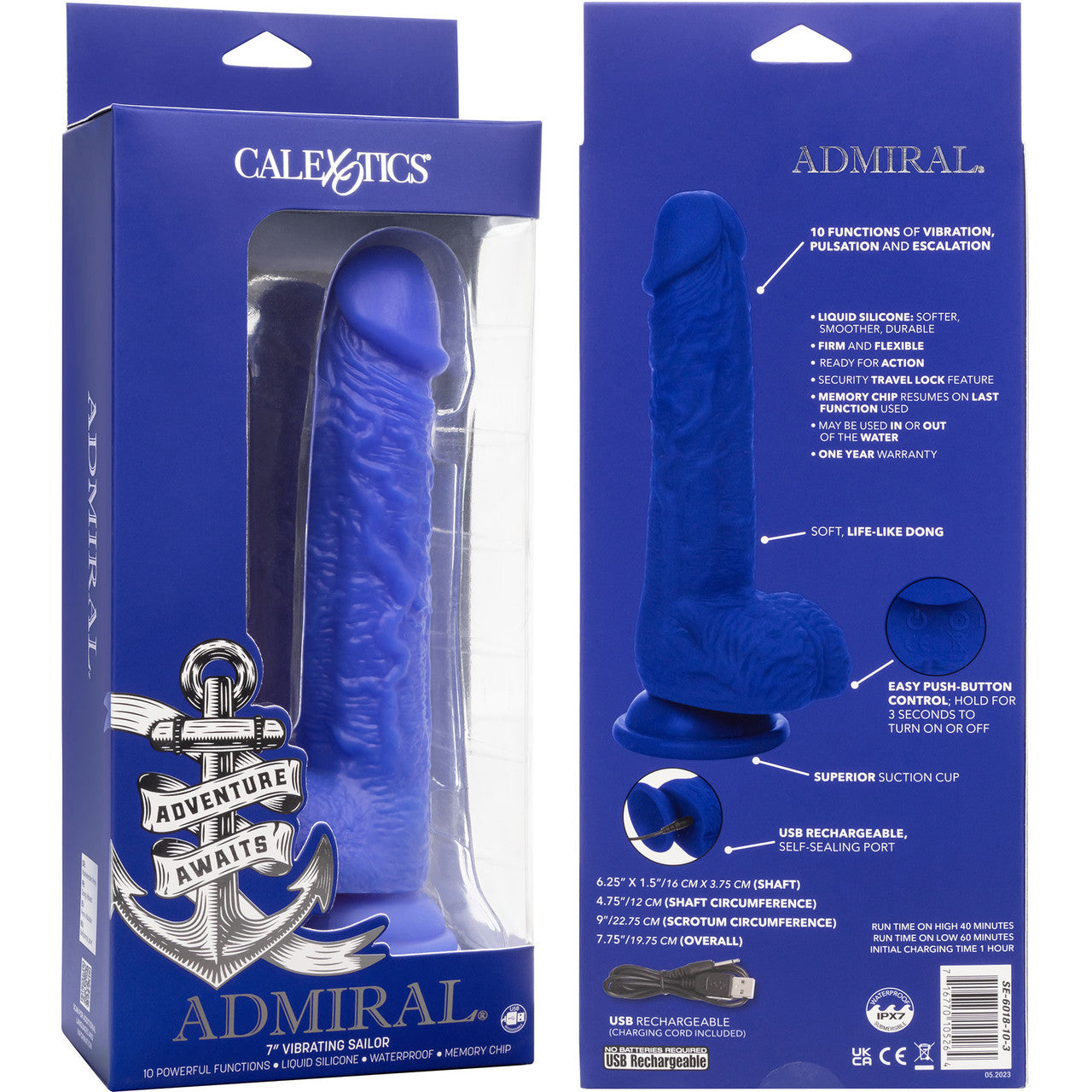 Admiral Sailor 7" Rechargeable Waterproof Vibrating Silicone Suction Cup Dildo By CalExotics - Blue