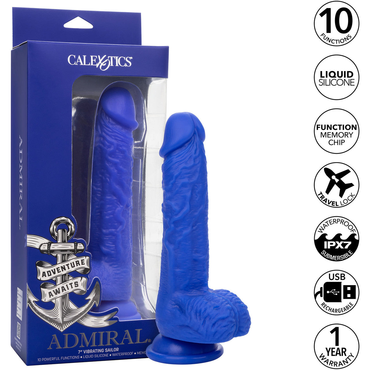 Admiral Sailor 7" Rechargeable Waterproof Vibrating Silicone Suction Cup Dildo By CalExotics - Blue