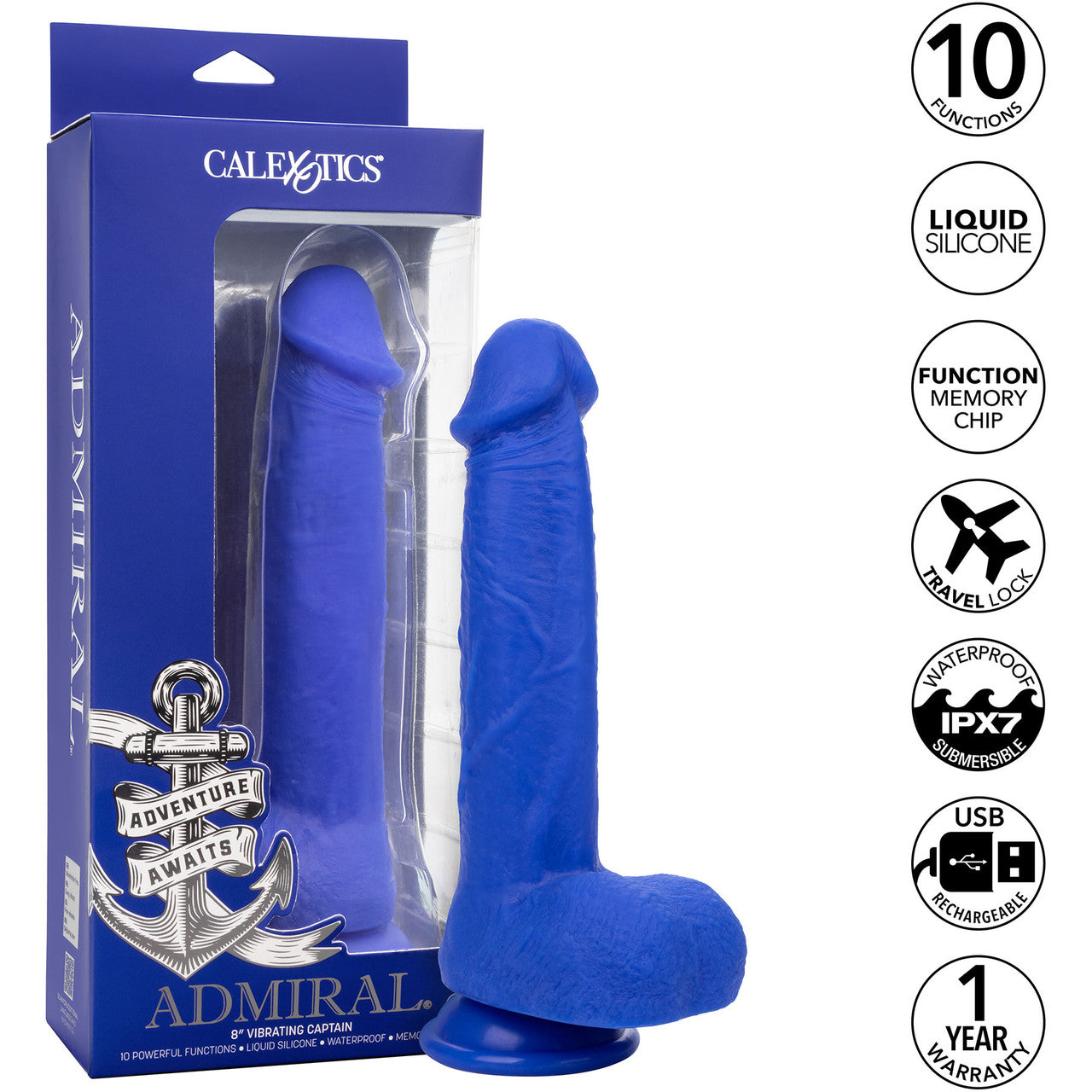 Admiral Captain 8" Rechargeable Waterproof Vibrating Silicone Suction Cup Dildo By CalExotics - Blue