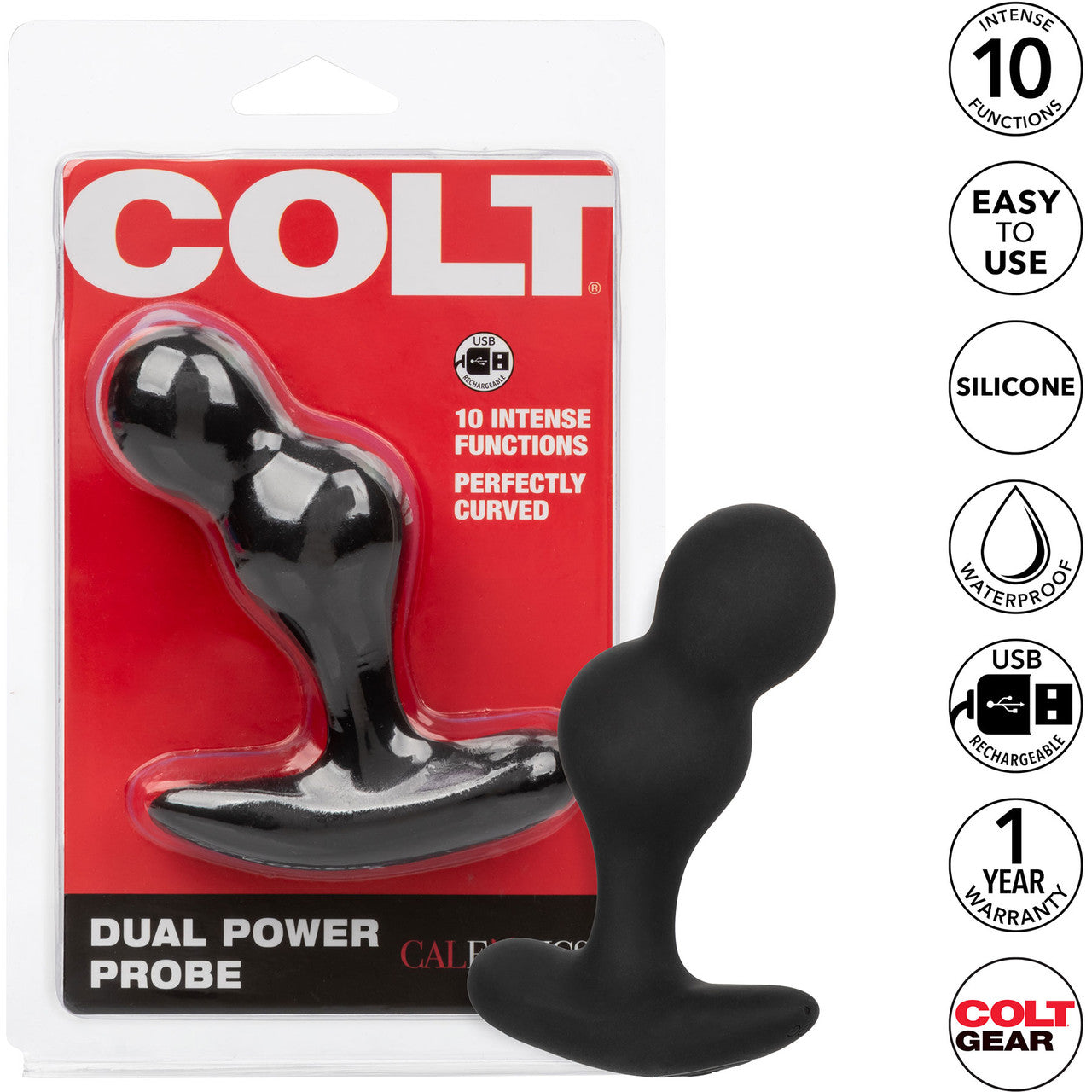 COLT Dual Power Probe Rechargeable Waterproof Silicone Anal Vibrator - Black