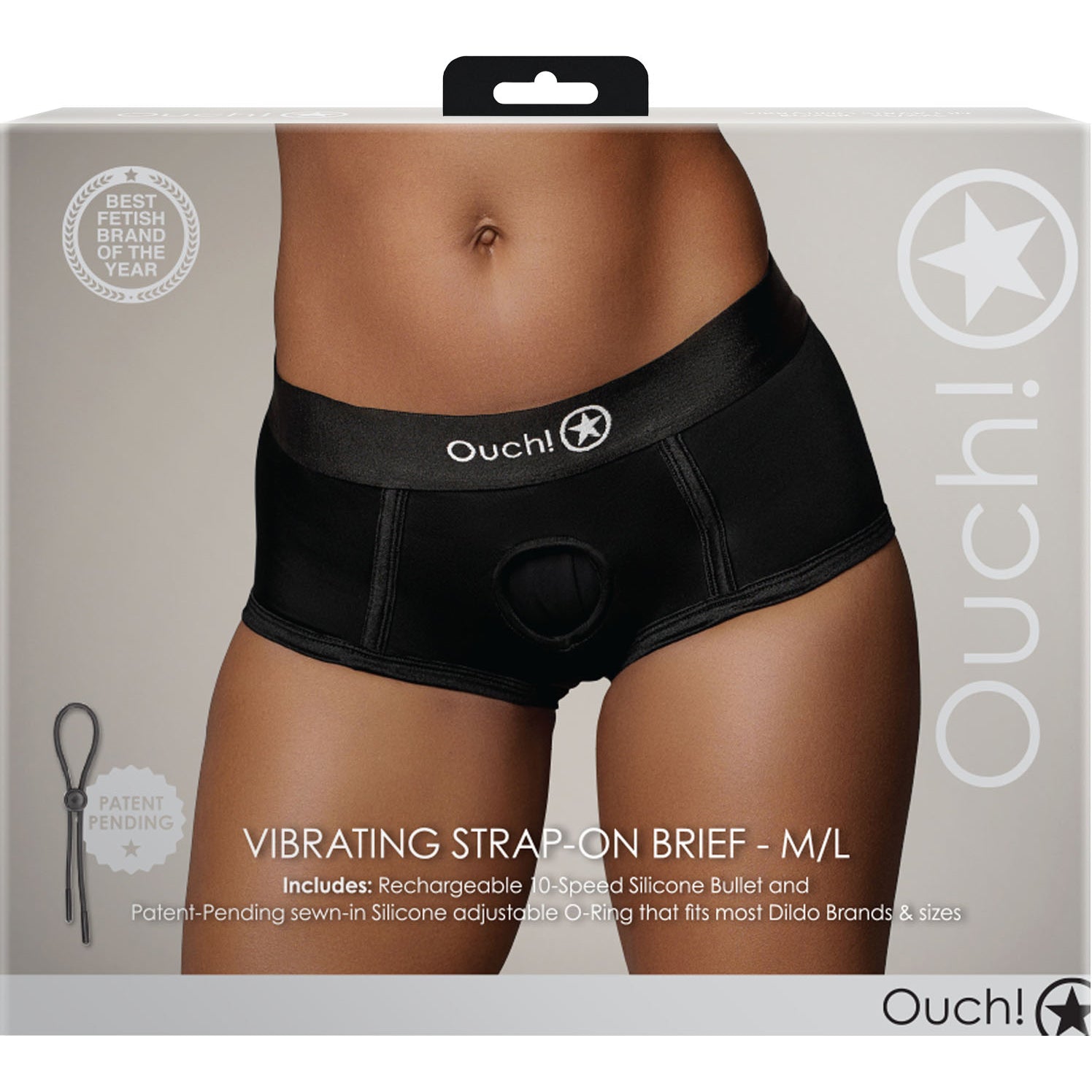 Ouch! Vibrating Strap-On Brief - Package Front - Black