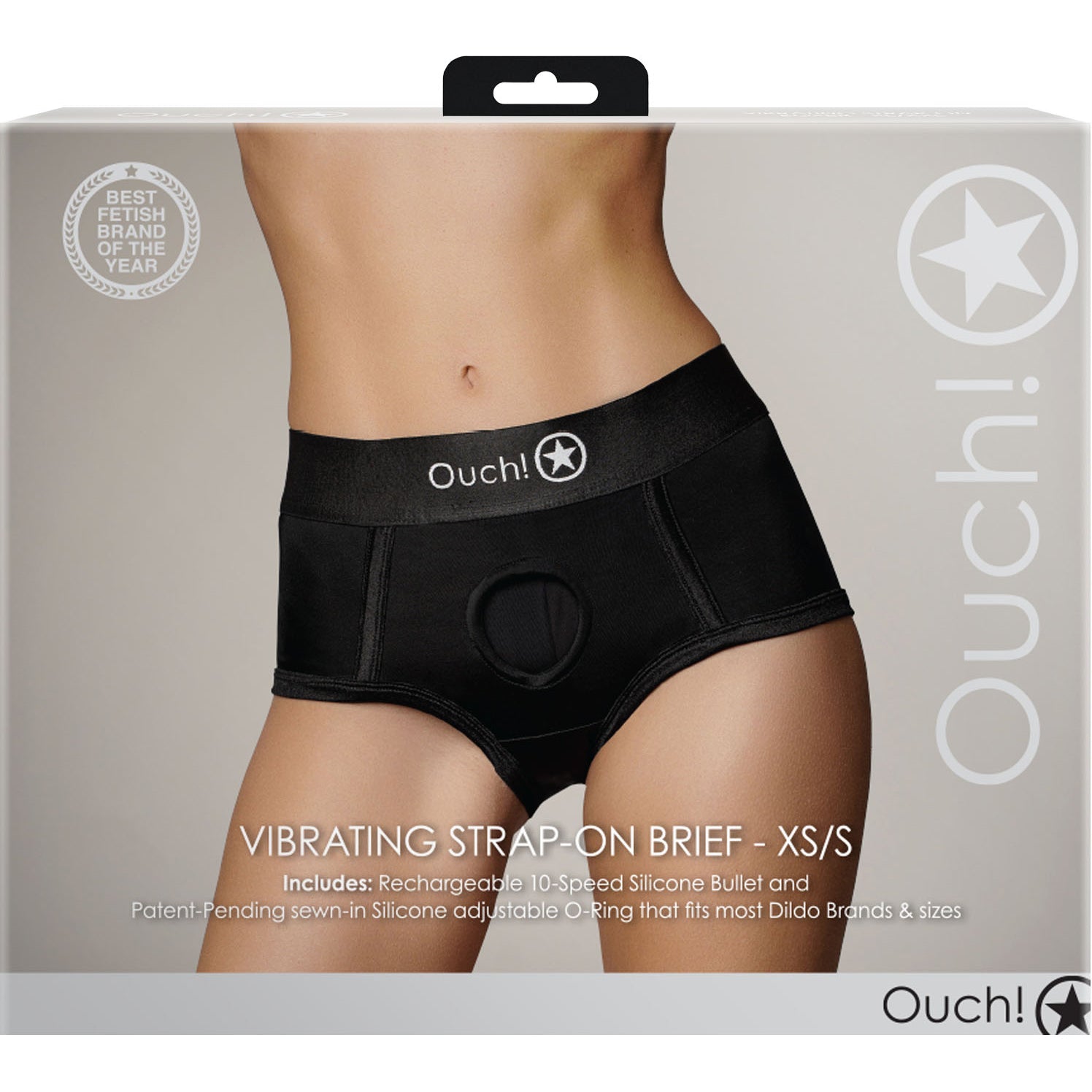 Ouch! Vibrating Strap-On Brief - Package Front - Black