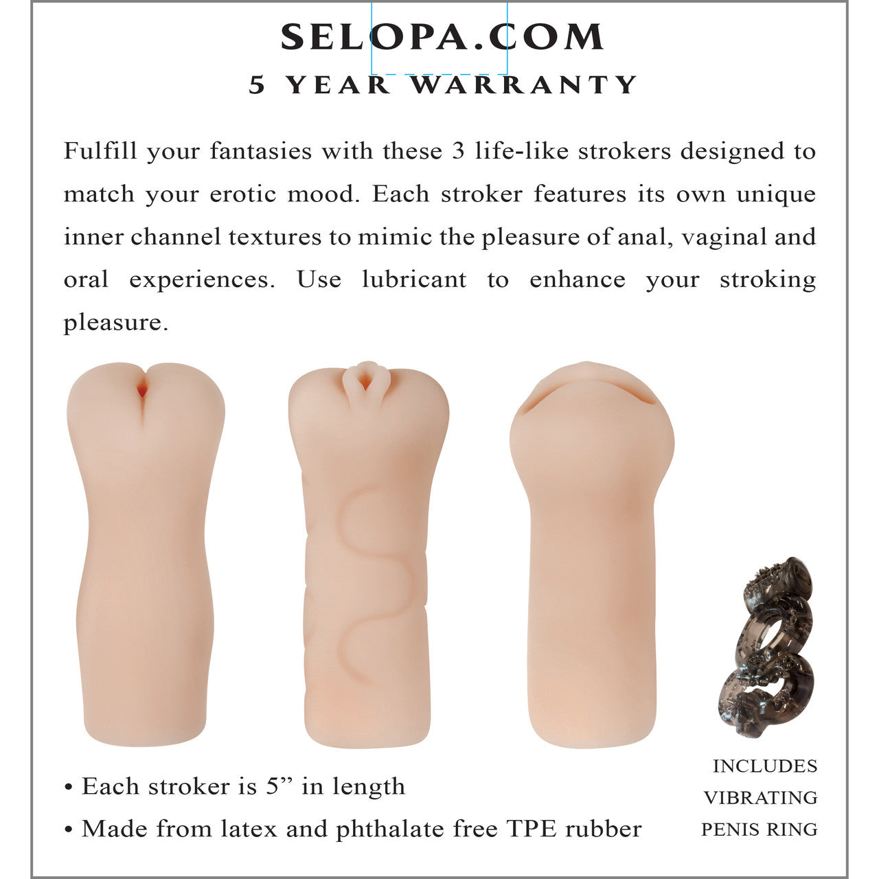 Selopa Party Pack 3-Piece Oral, Vaginal & Anal Penis Strokers - Vanilla