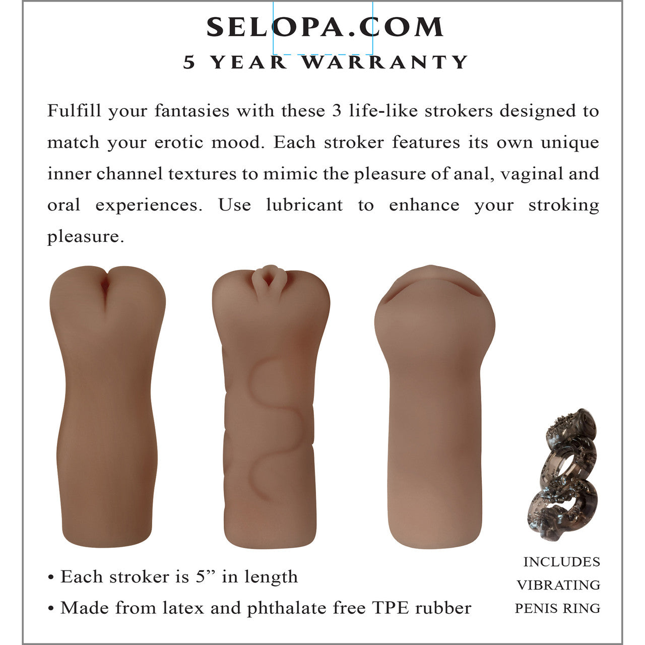 Selopa Party Pack 3-Piece Oral, Vaginal & Anal Penis Strokers - Chocolate