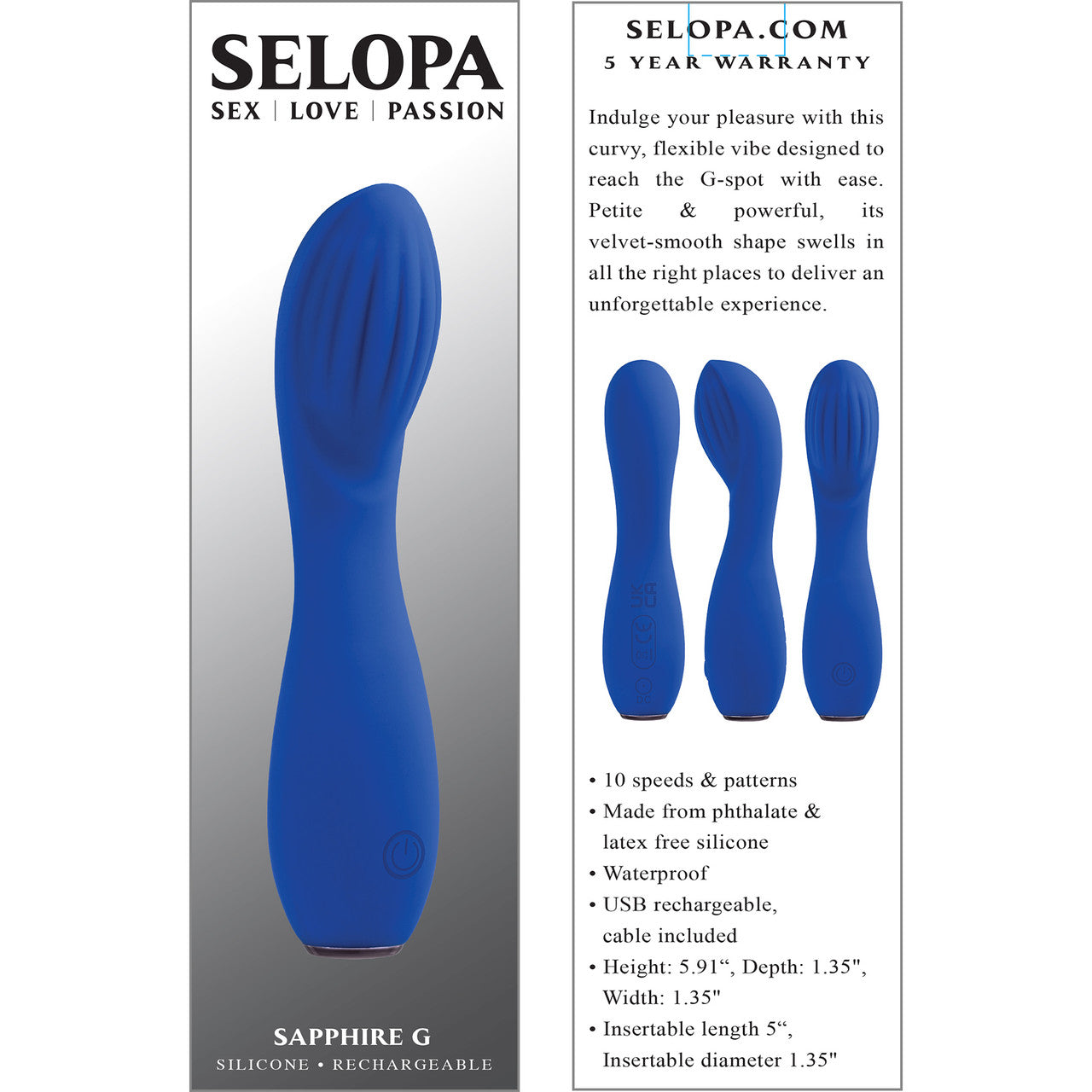 Selopa Sapphire G Rechargeable Waterproof Silicone G-Spot Vibrator - Blue