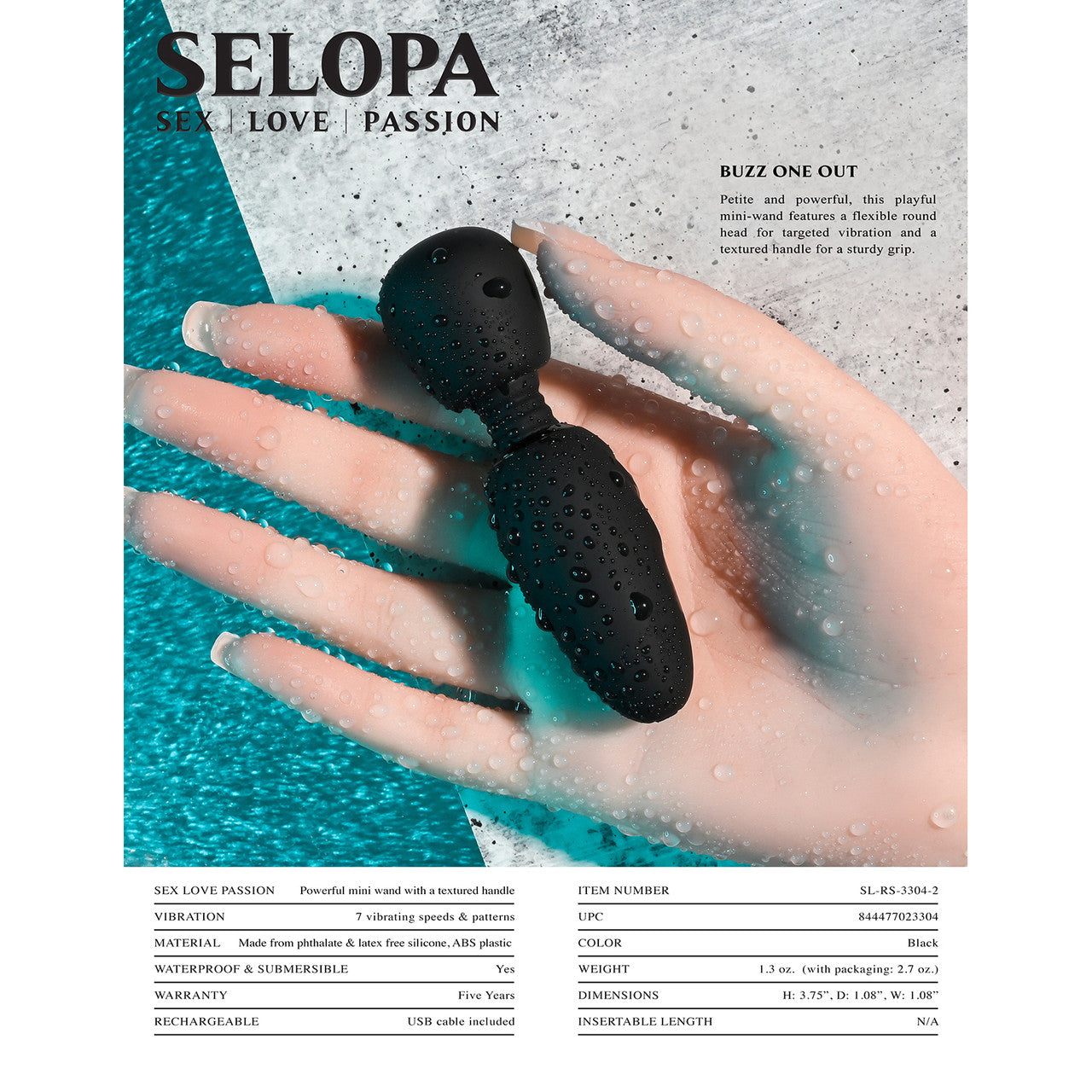 Selopa Buzz One Out Rechargeable Waterproof Silicone Mini Wand Vibrator - Black