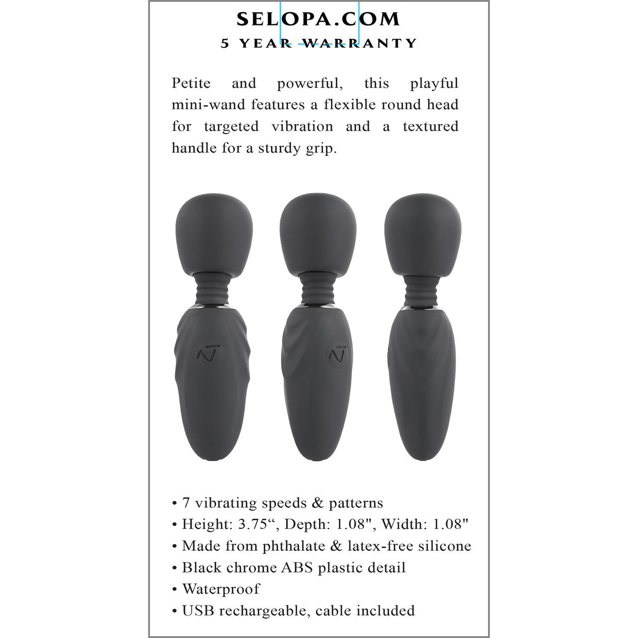 Selopa Buzz One Out Rechargeable Waterproof Silicone Mini Wand Vibrator - Black