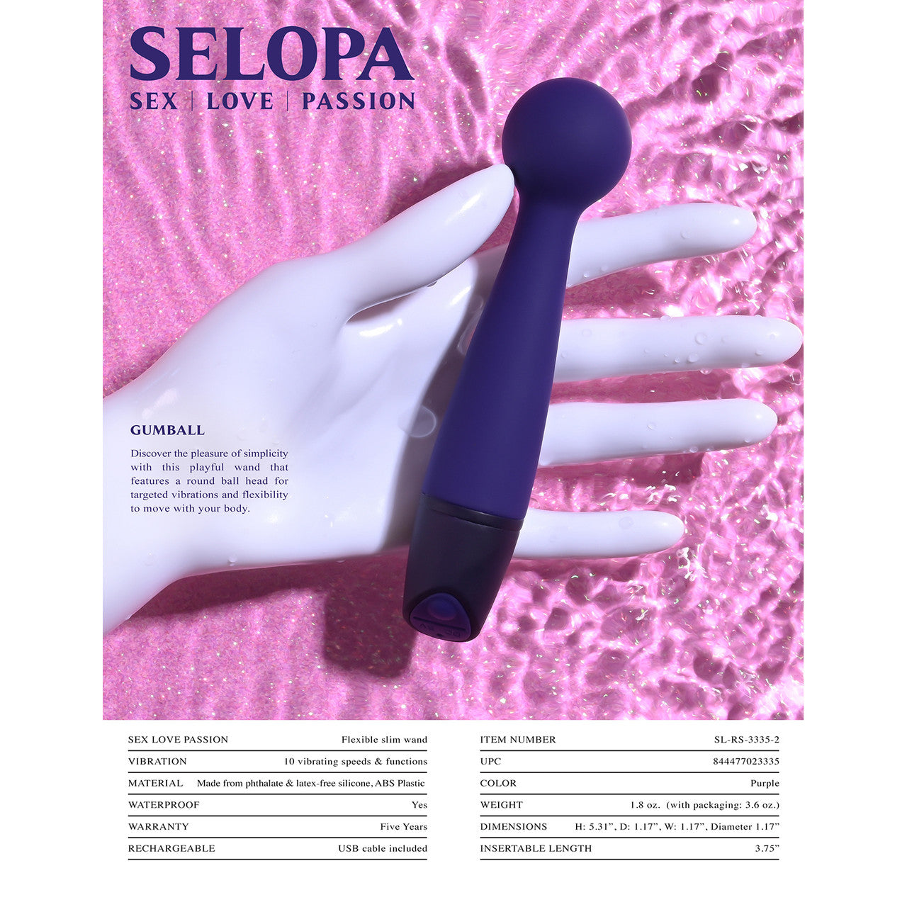 Selopa Gumball Rechargeable Waterproof Silicone Wand Style Vibrator - Purple