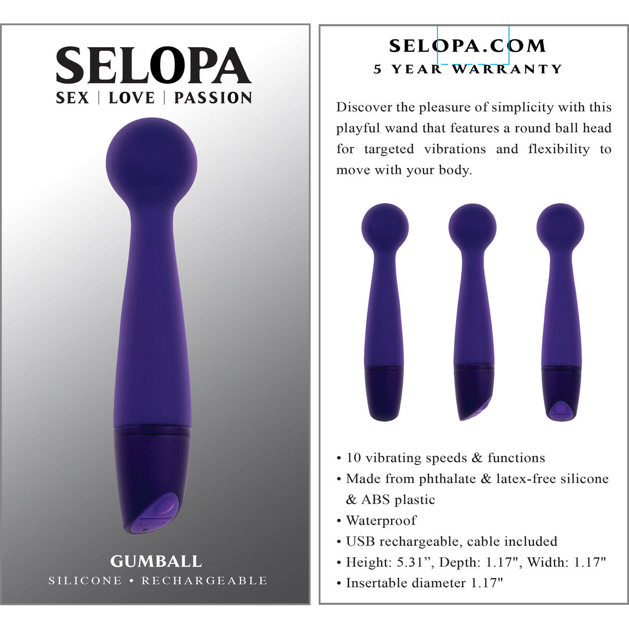 Selopa Gumball Rechargeable Waterproof Silicone Wand Style Vibrator - Purple