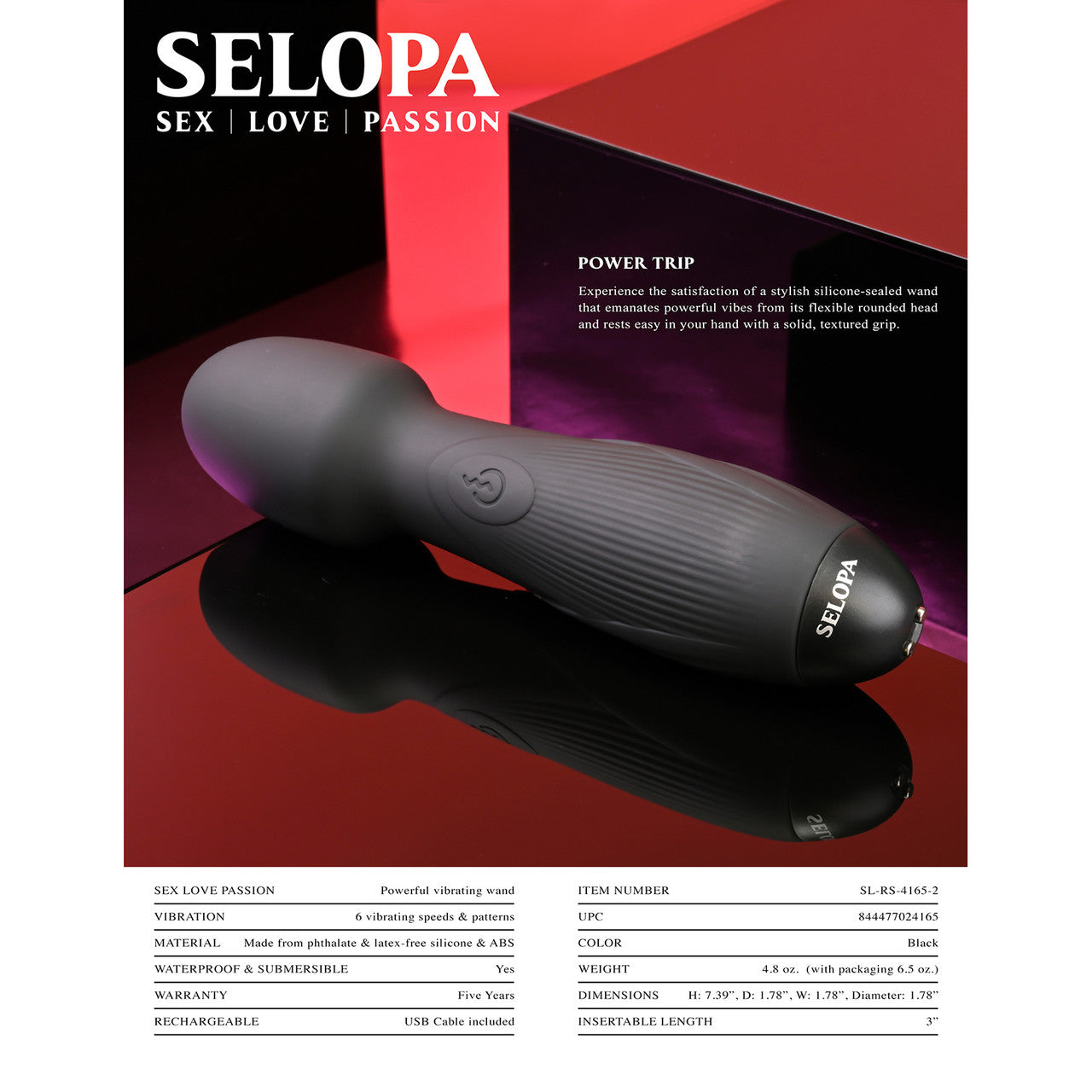 Selopa Power Trip Rechargeable Waterproof Silicone Wand Style Vibrator - Black