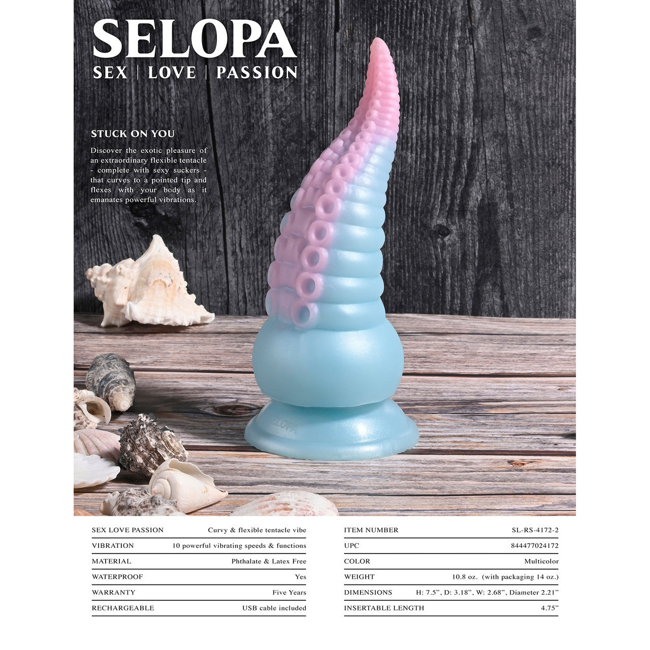 Selopa Stuck On You Tentacle 7.5" Rechargeable Waterproof Vibrating Silicone Suction Cup Dildo