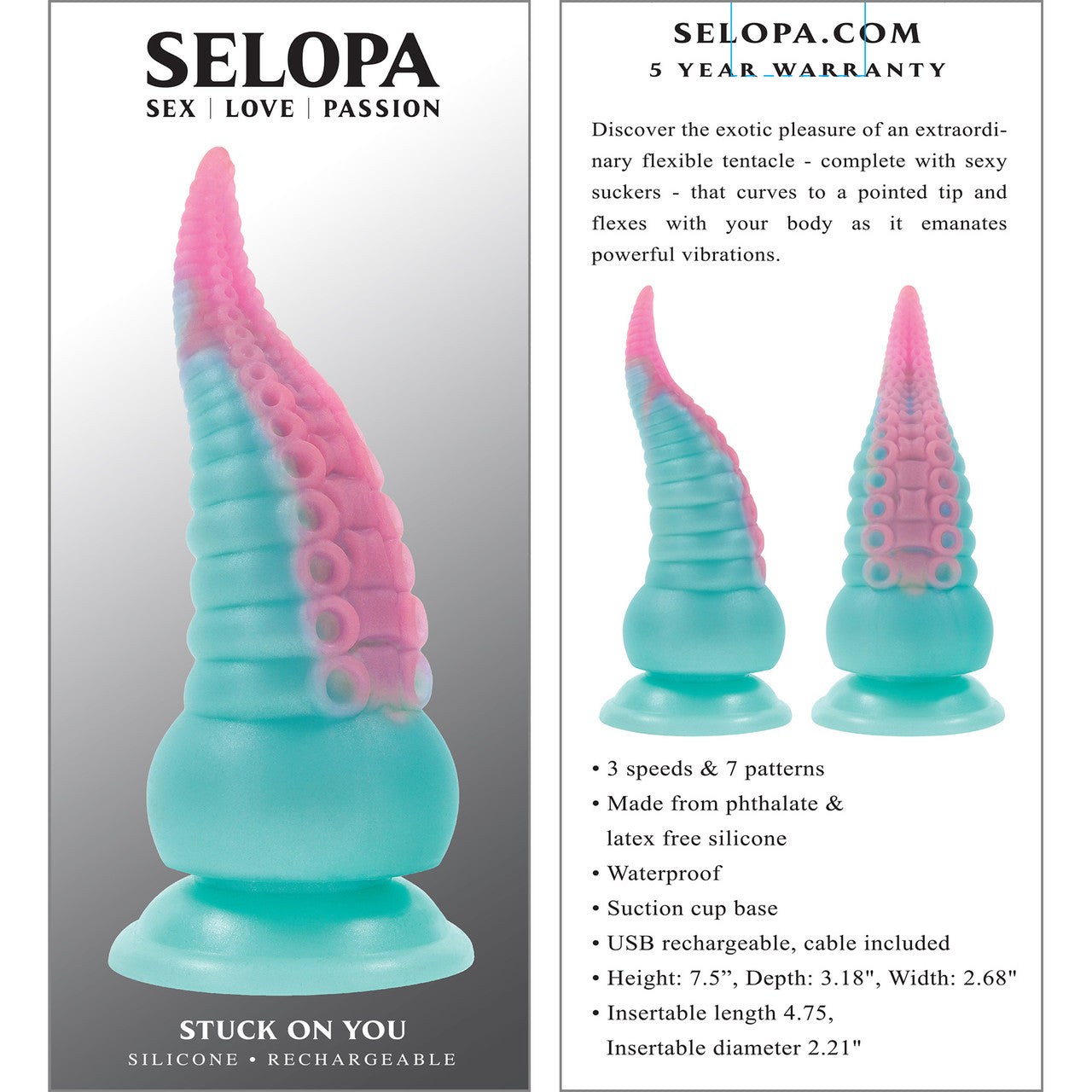 Selopa Stuck On You Tentacle 7.5" Rechargeable Waterproof Vibrating Silicone Suction Cup Dildo