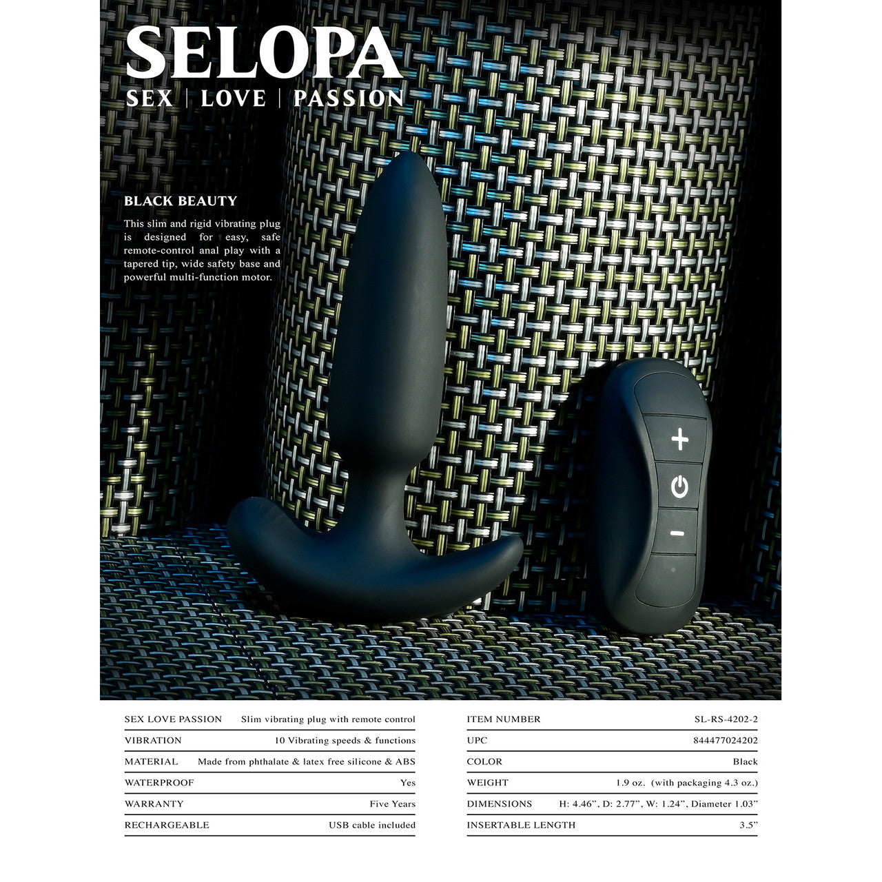 Selopa Black Beauty Rechargeable Waterproof Silicone Vibrating Butt Plug With Remote