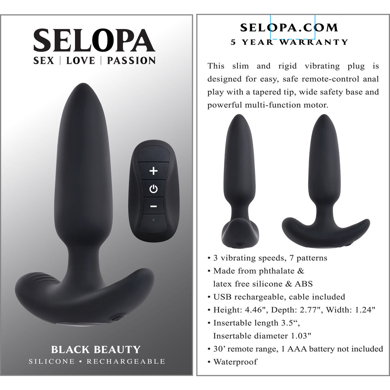 Selopa Black Beauty Rechargeable Waterproof Silicone Vibrating Butt Plug With Remote