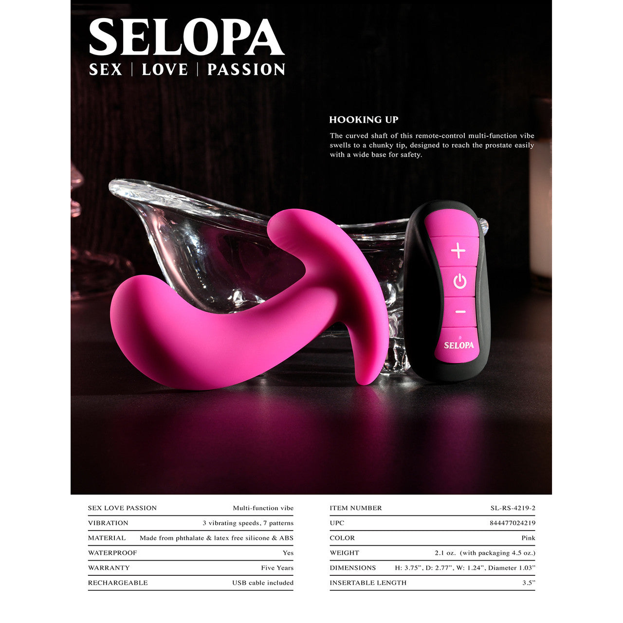 Selopa Hooking Up Rechargeable Waterproof Silicone Vibrating Prostate Massager With Remote - Pink