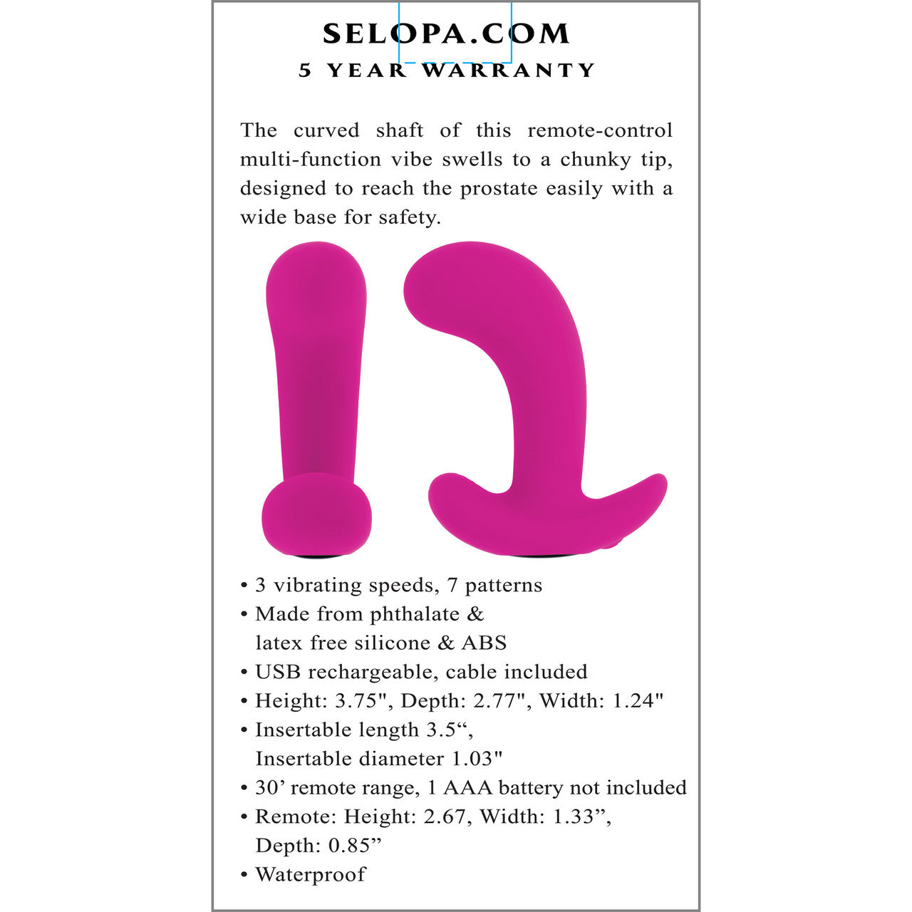 Selopa Hooking Up Rechargeable Waterproof Silicone Vibrating Prostate Massager With Remote - Pink