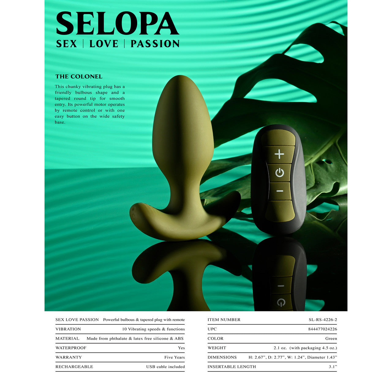 Selopa The Colonel Rechargeable Waterproof Silicone Vibrating Butt Plug With Remote - Green