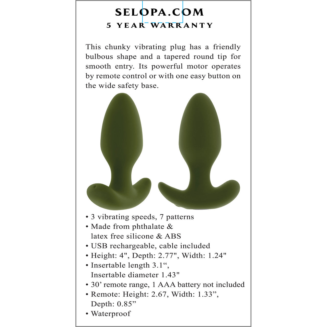 Selopa The Colonel Rechargeable Waterproof Silicone Vibrating Butt Plug With Remote - Green