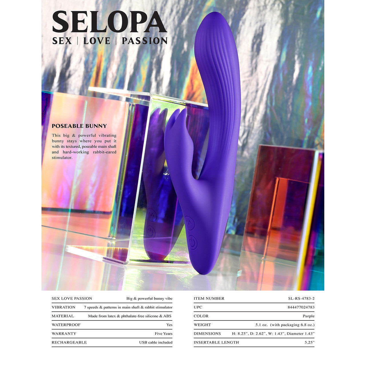 Selopa Poseable Bunny Rechargeable Waterproof Silicone Rabbit Style Vibrator - Purple