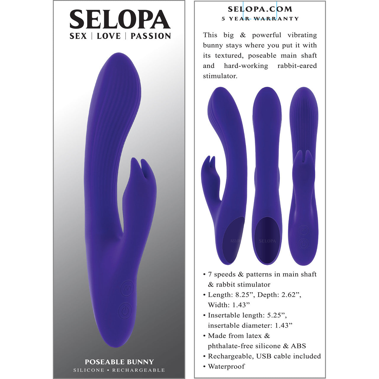 Selopa Poseable Bunny Rechargeable Waterproof Silicone Rabbit Style Vibrator - Purple