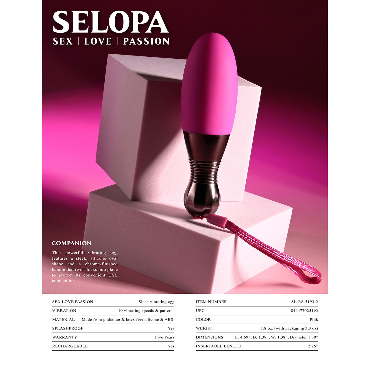 Selopa Companion Silicone Rechargeable Vibrating Egg - Pink Selopa Companion Silicone Rechargeable Vibrating Egg - Pink