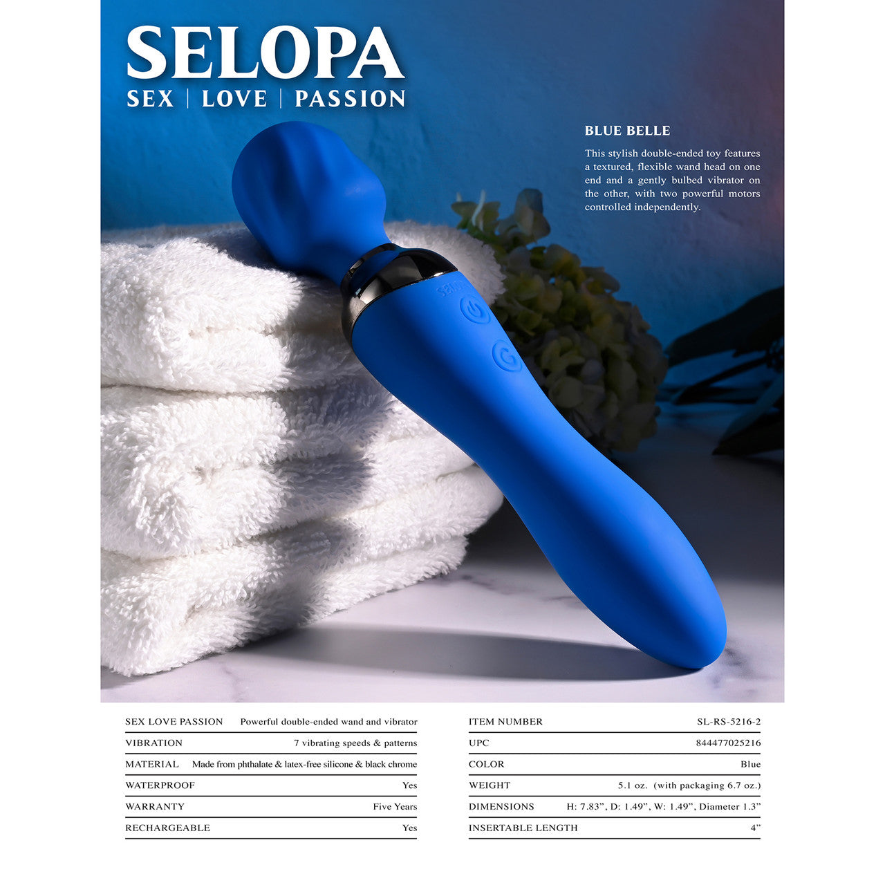 Selopa Blue Belle Rechargeable Silicone Dual End Wand Style Vibrator - Blue