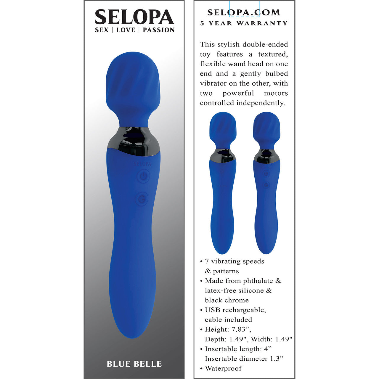 Selopa Blue Belle Rechargeable Silicone Dual End Wand Style Vibrator - Blue