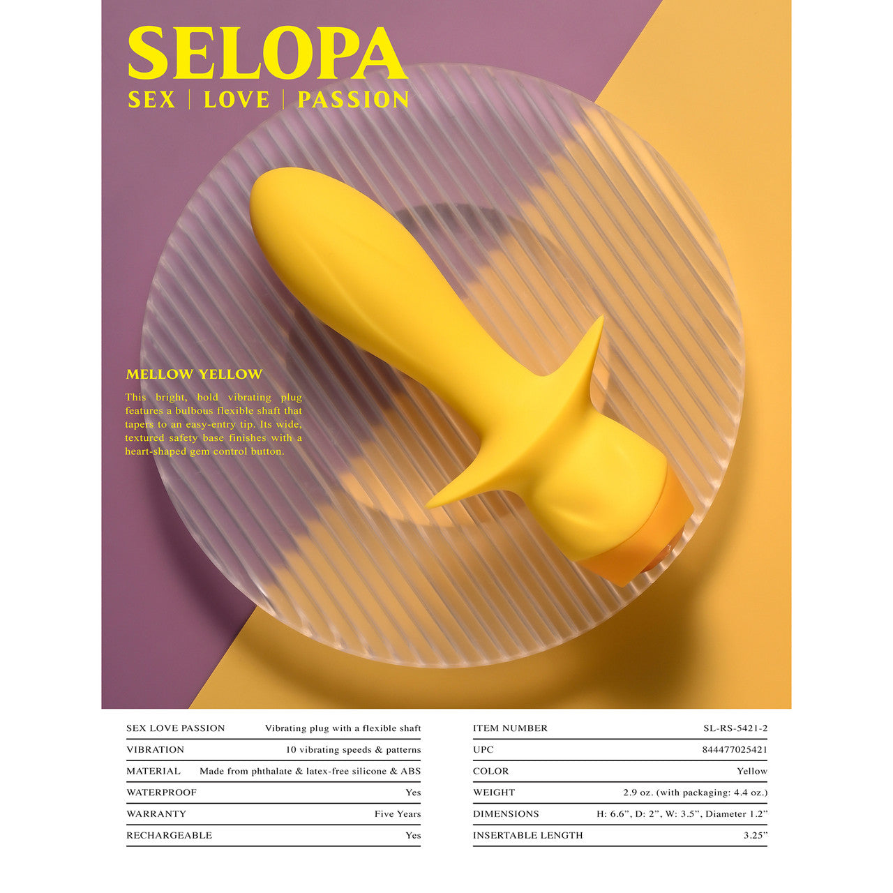 Selopa Mellow Yellow Rechargeable Waterproof Silicone Vibrating Butt Plug