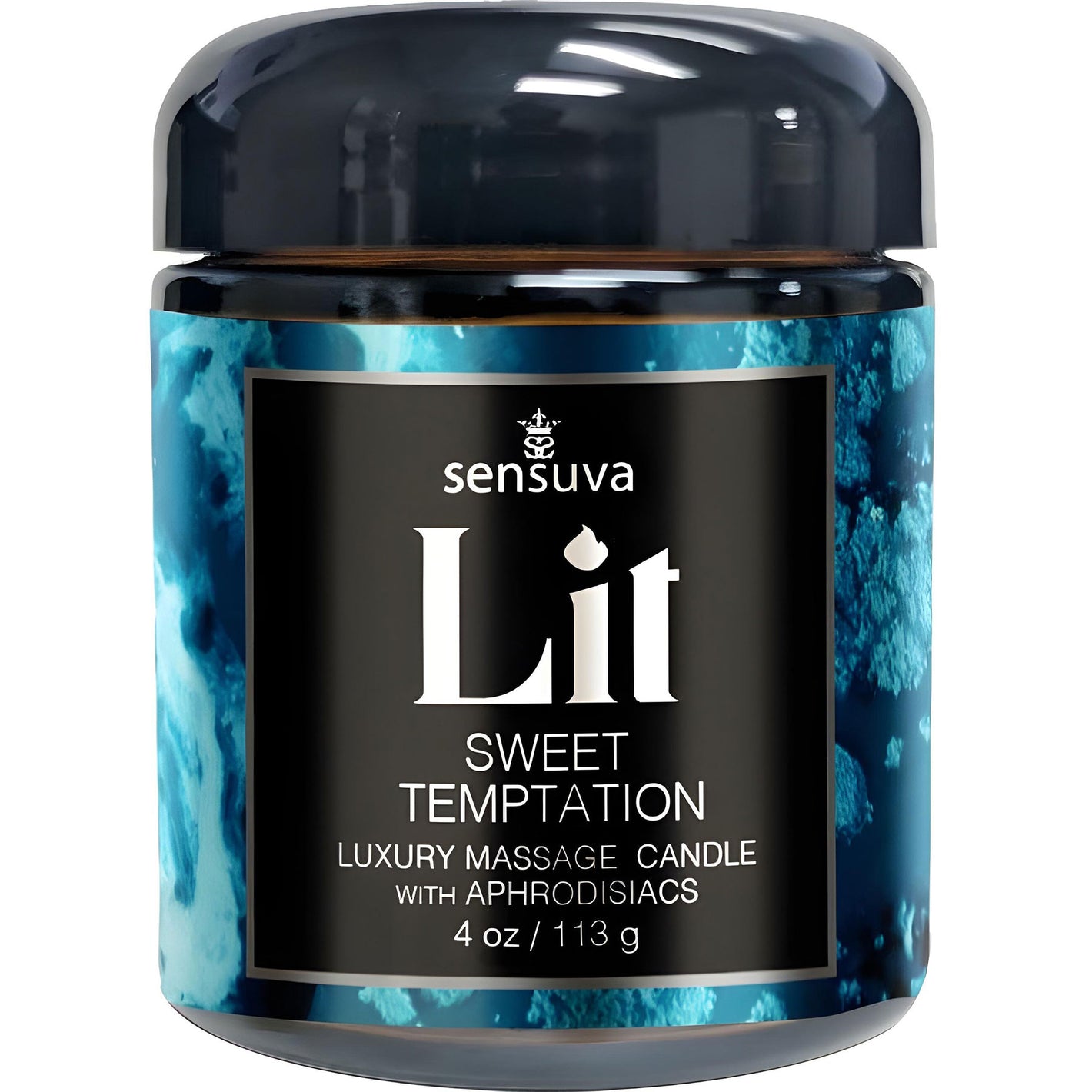 Sensuva Lit Sweet Temptation massage candle with blue and black design