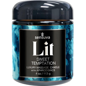 Sensuva Lit Sweet Temptation massage candle with blue and black design