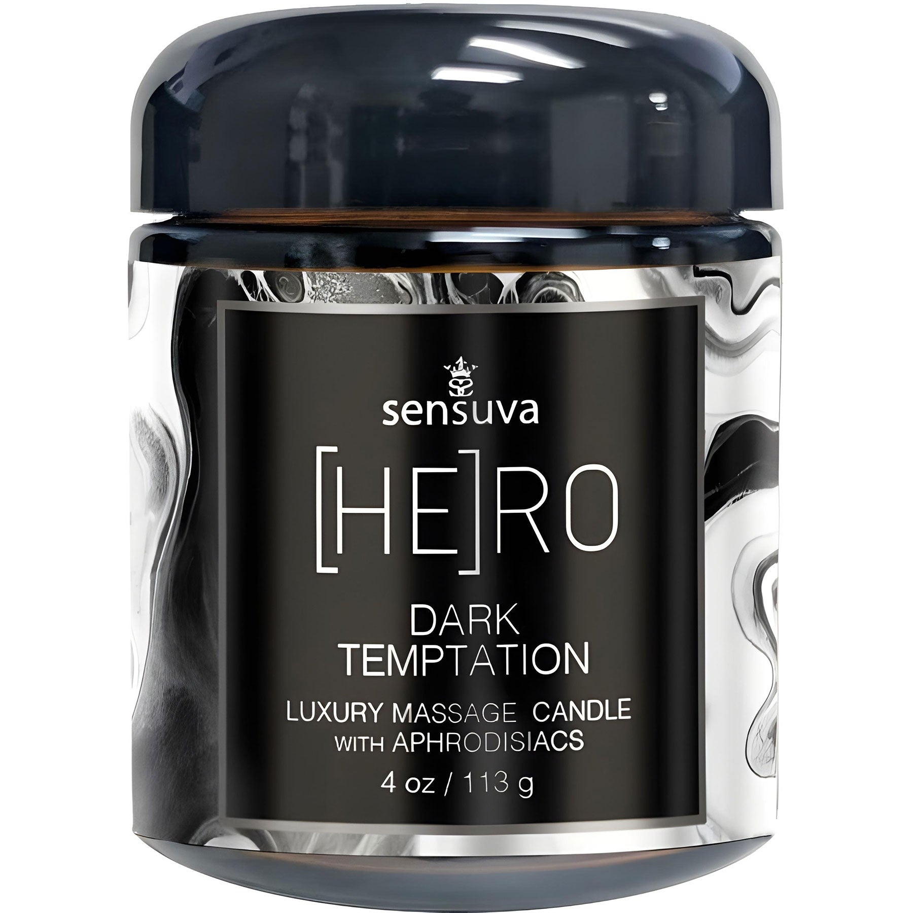 Sensuva Hero Dark Temptation massage candle packaging on a white background