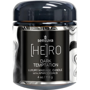 Sensuva Hero Dark Temptation massage candle packaging on a white background
