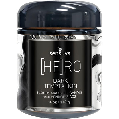 Sensuva Hero Dark Temptation massage candle packaging on a white background