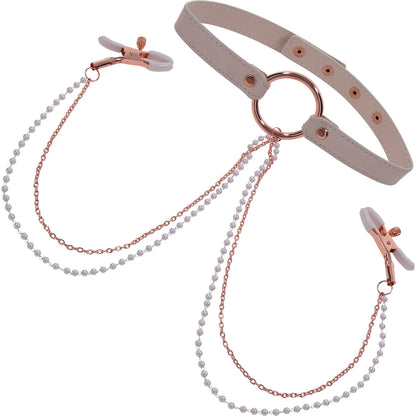 Sex & Mischief Peaches 'n CreaMe Collar With Nipple Clamps By Sportsheets - Rose Gold & Peach