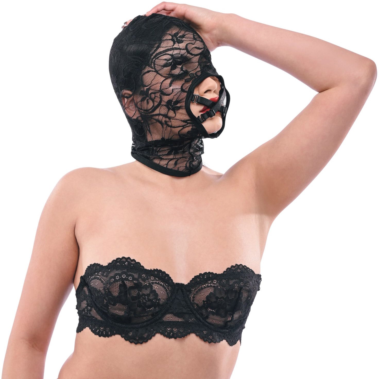Person wearing a black lace hood and bra on a white background