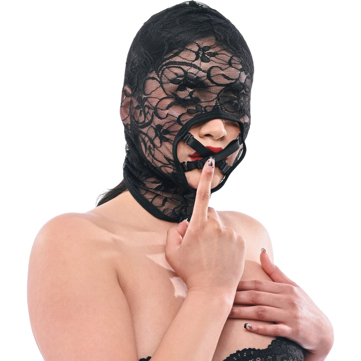 Person wearing a black lace hood with a white background